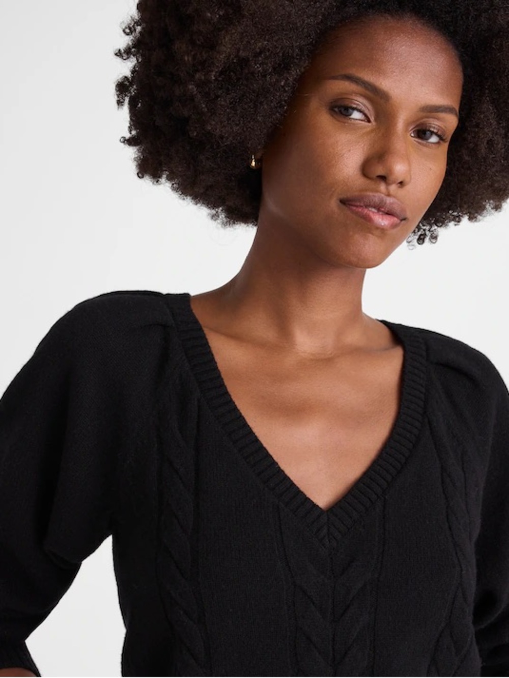 Madewell Black Cable Knit V-Neck Sweater in Merino Wool puff sleeves feminine
